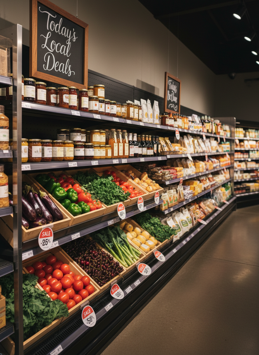 A tidy, well-stocked grocery aisle featuring neatly faced local products: colorful fresh produce in wooden crates, clearly labeled price tags with bold discount stickers, and a small chalkboard sign reading “Today’s Local Deals” in elegant handwriting. The shelves are metal with a matte finish, reflecting subtle highlights from overhead warm supermarket lighting. In the distant background, the aisle gently curves, hinting at more savings beyond. Photographic realism, captured at eye level with moderate depth of field to keep the signage and front products sharp while the far end softens. The mood is inviting and professional, emphasizing value and local sourcing in Grand Traverse County.