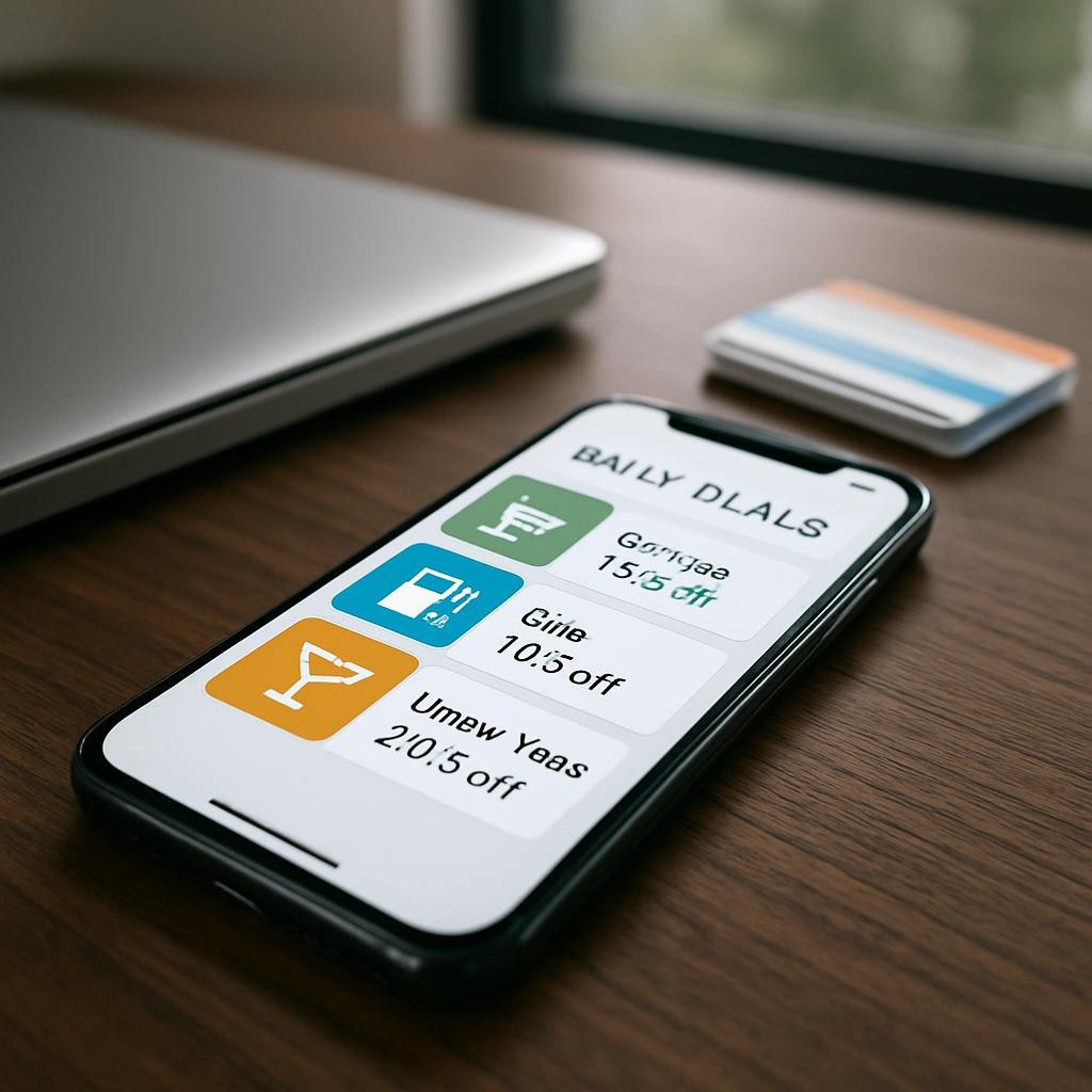 A polished smartphone resting on a dark walnut desk, screen glowing with a clean, professional daily deals dashboard showing categories for grocery, gas, and happy hour, each with distinct color-coded icons and visible percentage savings. Next to it, a closed silver laptop and a small stack of neatly aligned store loyalty cards emphasize organization. The setting is a minimalist home office with a blurred window view hinting at a tree-lined Grand Traverse neighborhood. Cool, diffused morning light from the window creates soft reflections on the phone’s glass and metallic laptop edge. Photographic realism, captured from a slightly elevated angle with rule-of-thirds composition, projecting a calm, efficient, data-driven atmosphere.