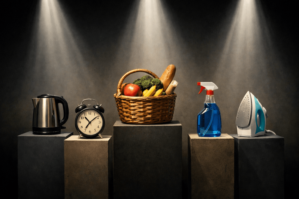 Electric kettle, alarm clock, basket of fruits and vegetables, spray bottle, and iron on pedestals
